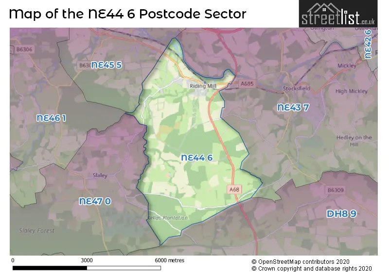 Map of the NE44 6 and surrounding postcode sector