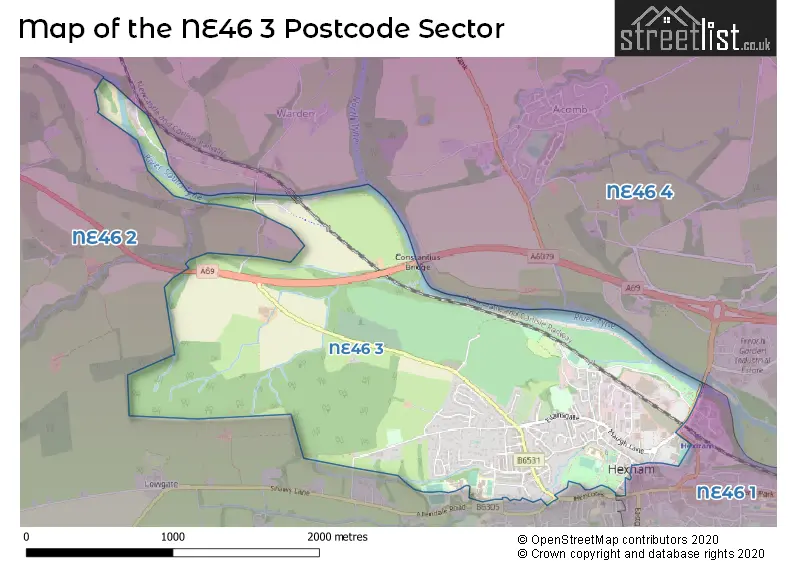 Map of the NE46 3 and surrounding postcode sector