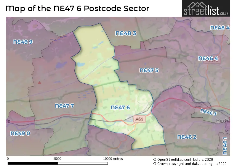 Map of the NE47 6 and surrounding postcode sector