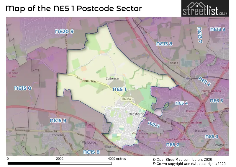 Map of the NE5 1 and surrounding postcode sector