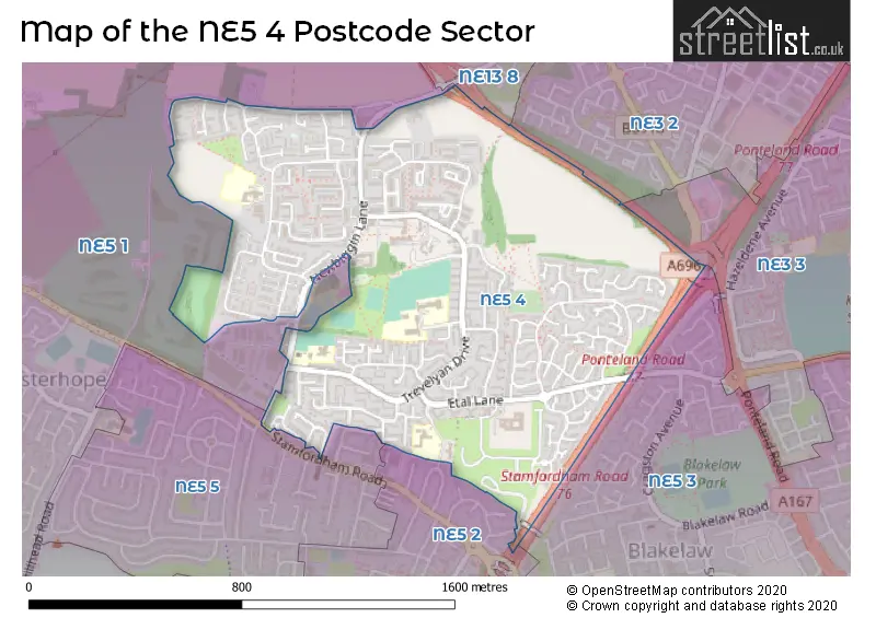 Map of the NE5 4 and surrounding postcode sector