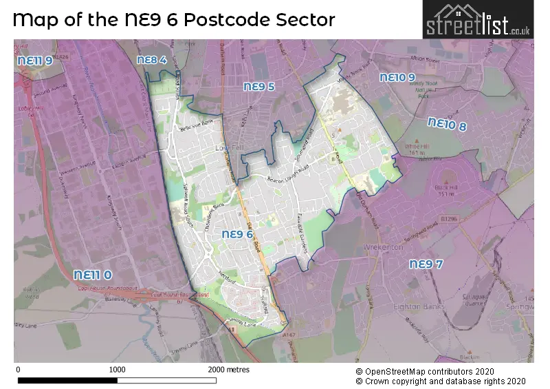 Map of the NE9 6 and surrounding postcode sector