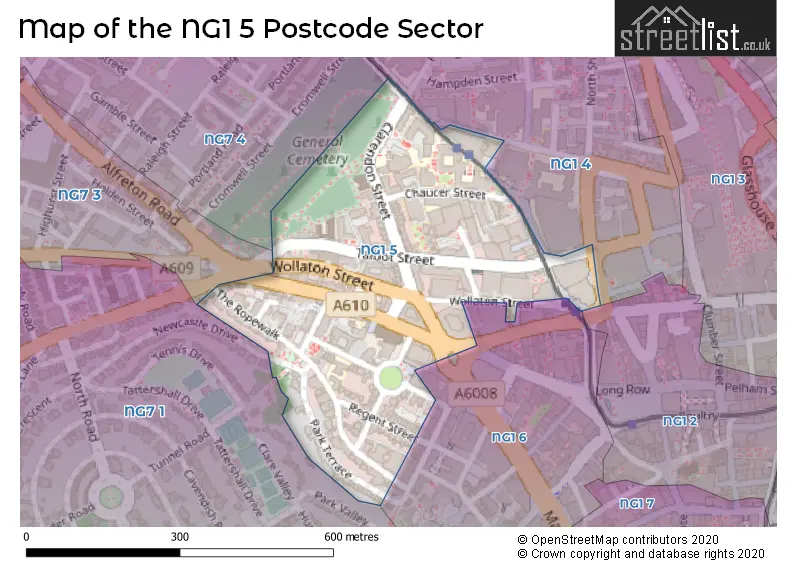 Map of the NG1 5 and surrounding postcode sector
