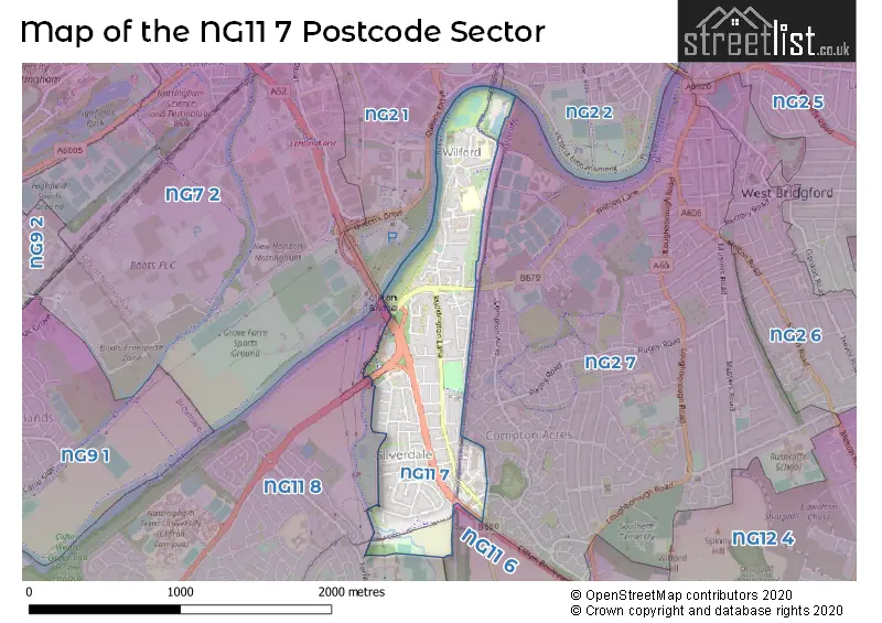 Map of the NG11 7 and surrounding postcode sector