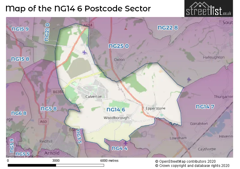 Map of the NG14 6 and surrounding postcode sector