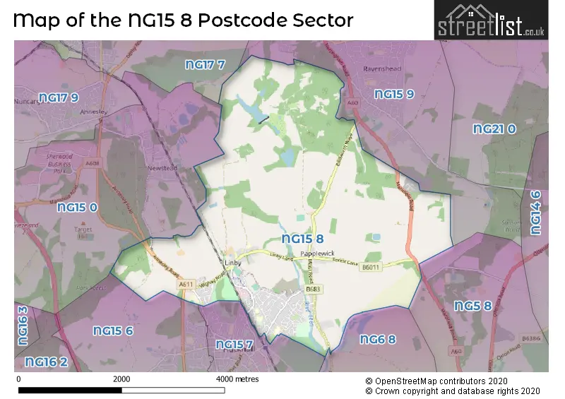 Map of the NG15 8 and surrounding postcode sector