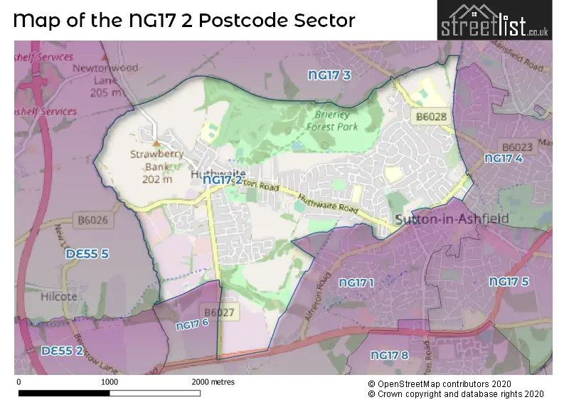 Map of the NG17 2 and surrounding postcode sector