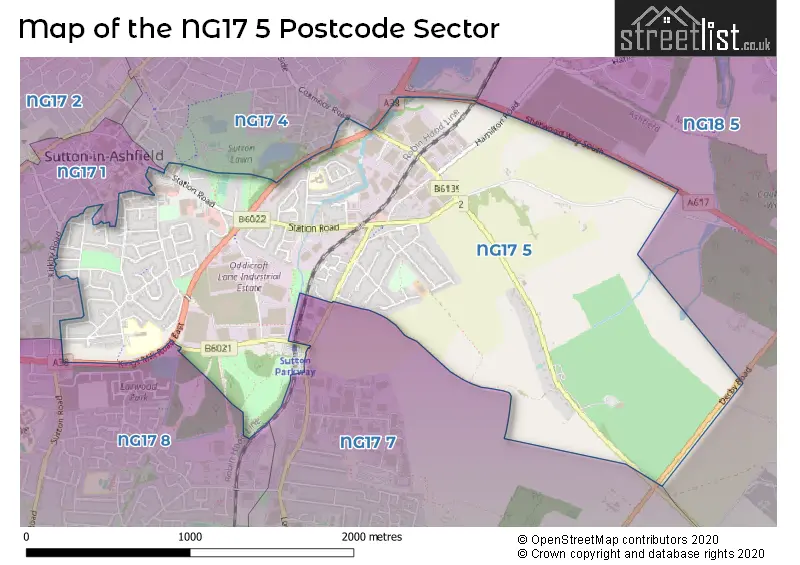 Map of the NG17 5 and surrounding postcode sector