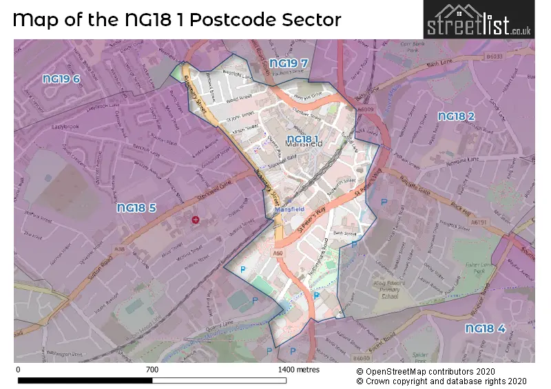 Map of the NG18 1 and surrounding postcode sector