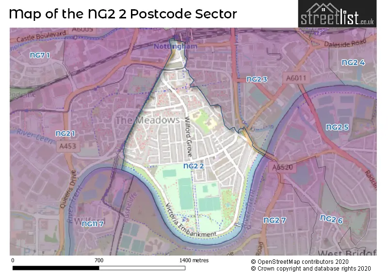 Map of the NG2 2 and surrounding postcode sector