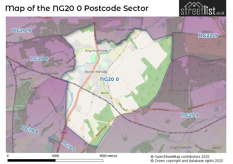 Map of the NG20 0 and surrounding postcode sector