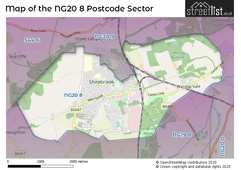 Map of the NG20 8 and surrounding postcode sector