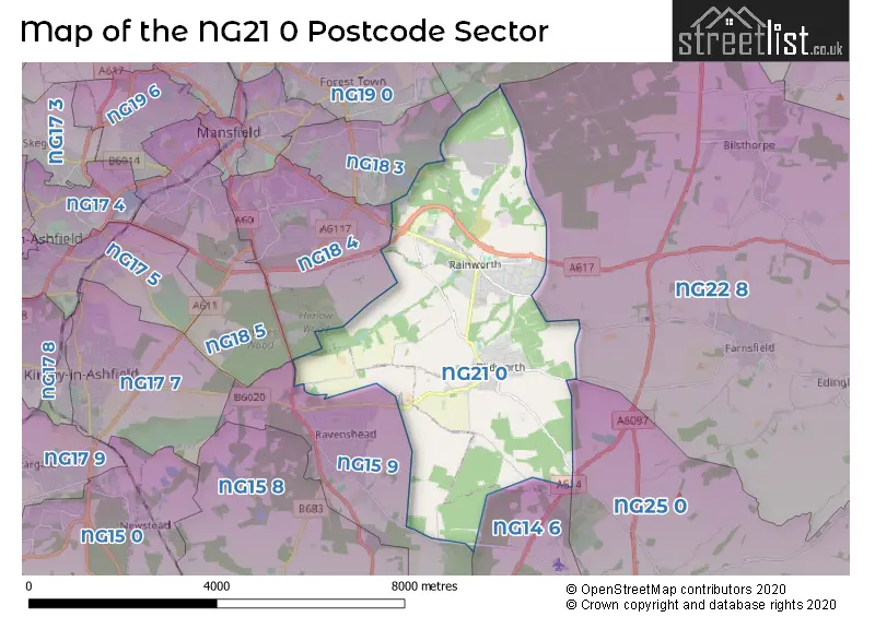 Map of the NG21 0 and surrounding postcode sector