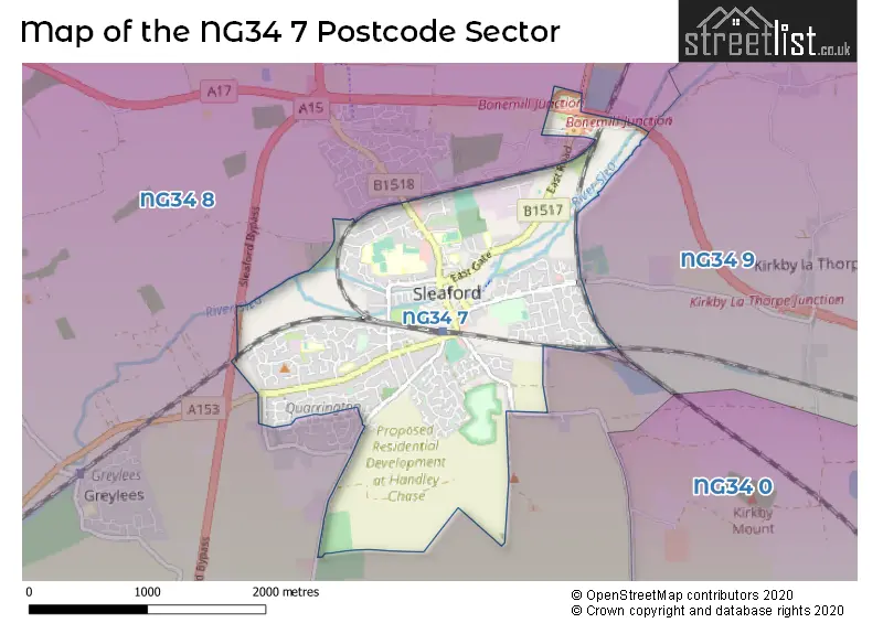 Map of the NG34 7 and surrounding postcode sector