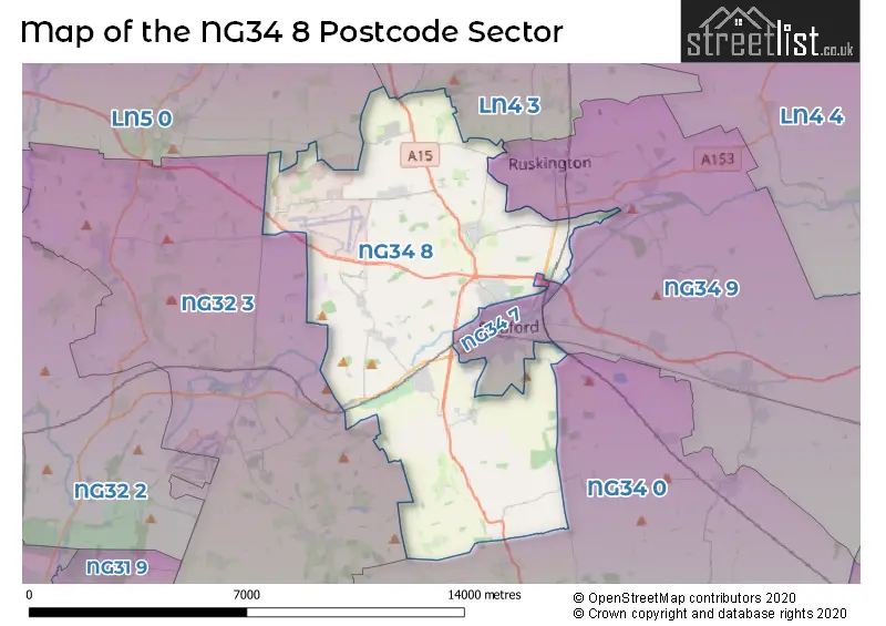 Map of the NG34 8 and surrounding postcode sector