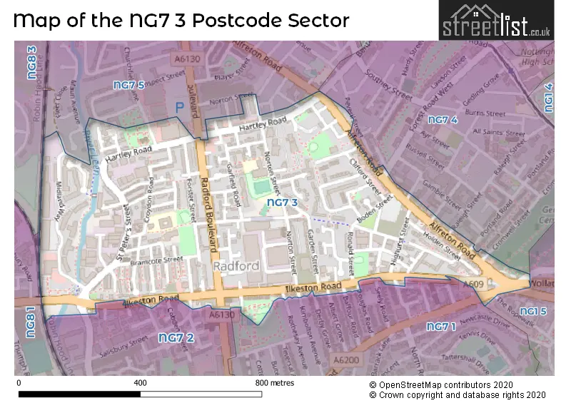 Map of the NG7 3 and surrounding postcode sector