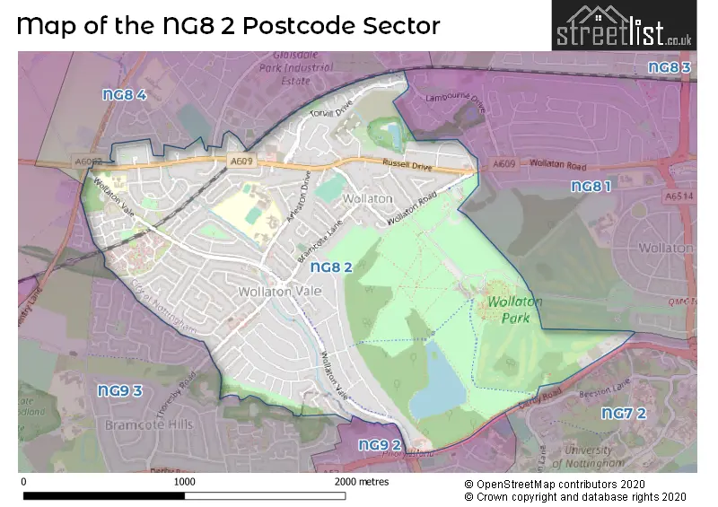 Map of the NG8 2 and surrounding postcode sector