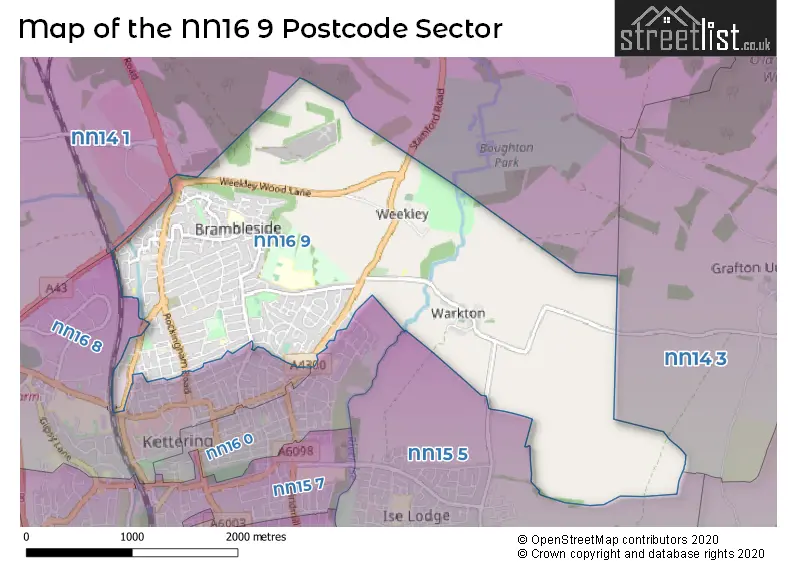 Map of the NN16 9 and surrounding postcode sector