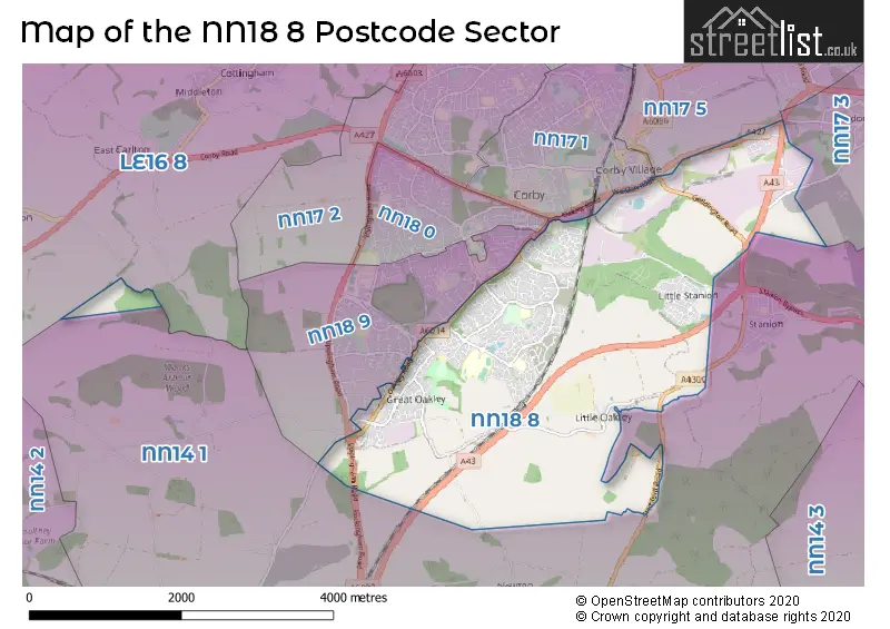 Map of the NN18 8 and surrounding postcode sector