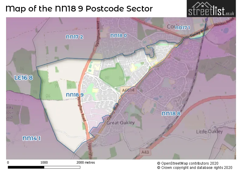 Map of the NN18 9 and surrounding postcode sector