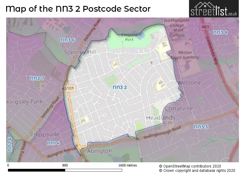 Map of the NN3 2 and surrounding postcode sector