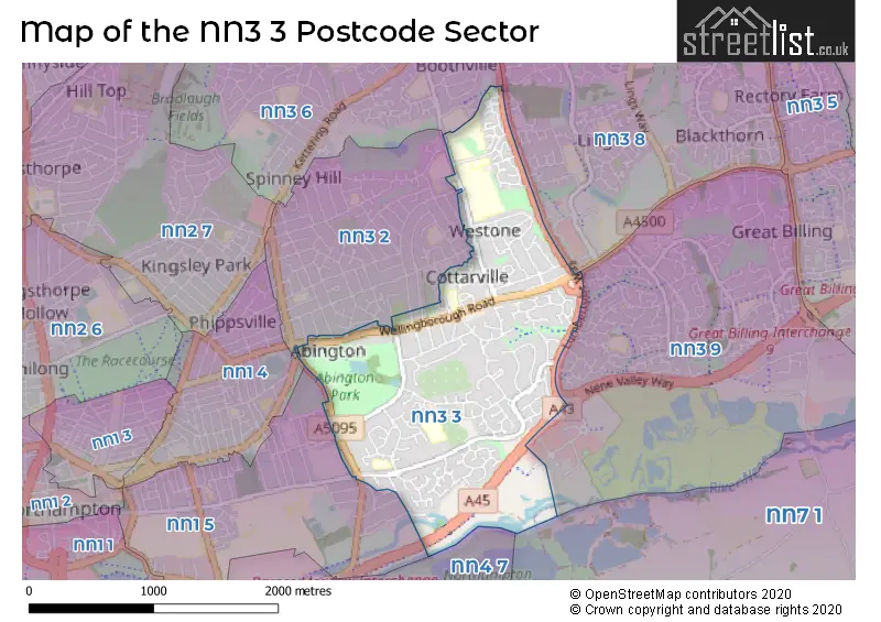 Map of the NN3 3 and surrounding postcode sector