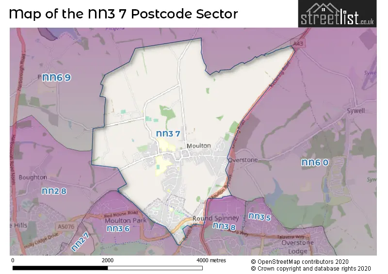 Map of the NN3 7 and surrounding postcode sector