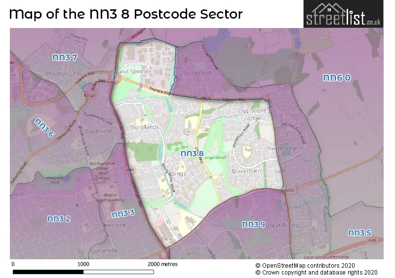 Map of the NN3 8 and surrounding postcode sector