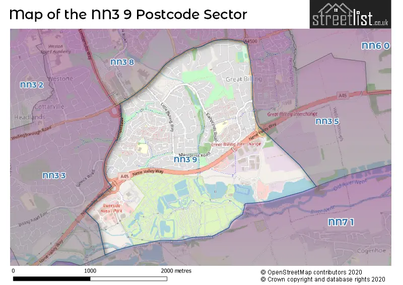 Map of the NN3 9 and surrounding postcode sector