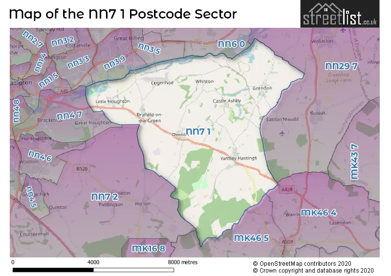 Map of the NN7 1 and surrounding postcode sector