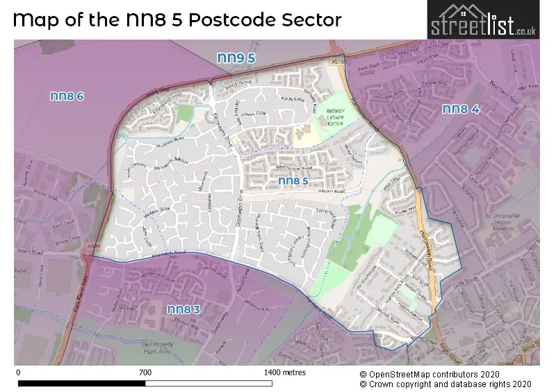 Map of the NN8 5 and surrounding postcode sector