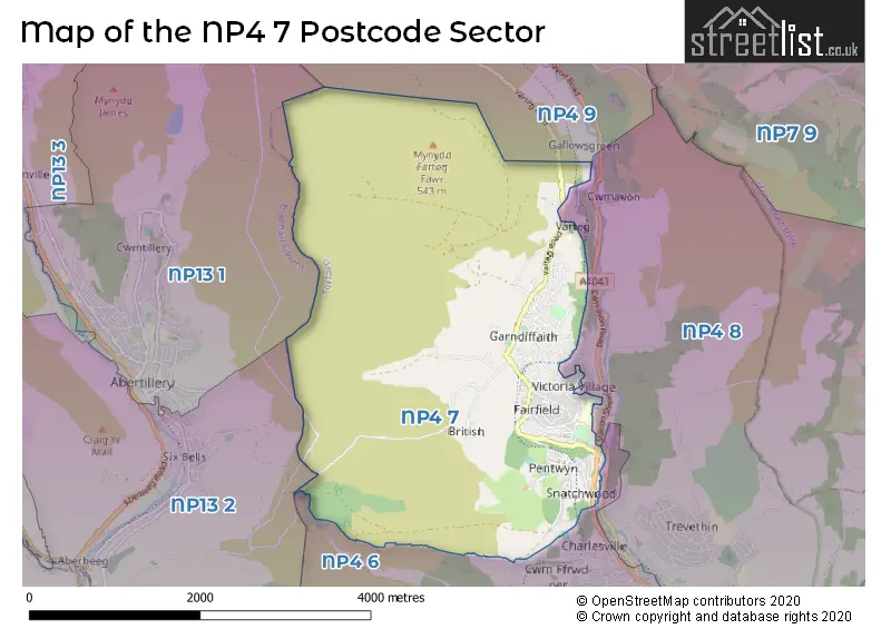 Map of the NP4 7 and surrounding postcode sector