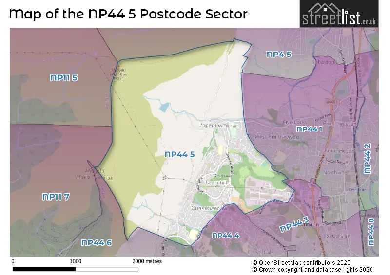 Map of the NP44 5 and surrounding postcode sector