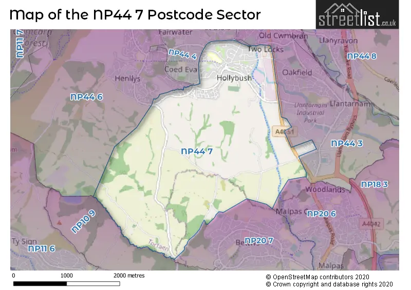 Map of the NP44 7 and surrounding postcode sector