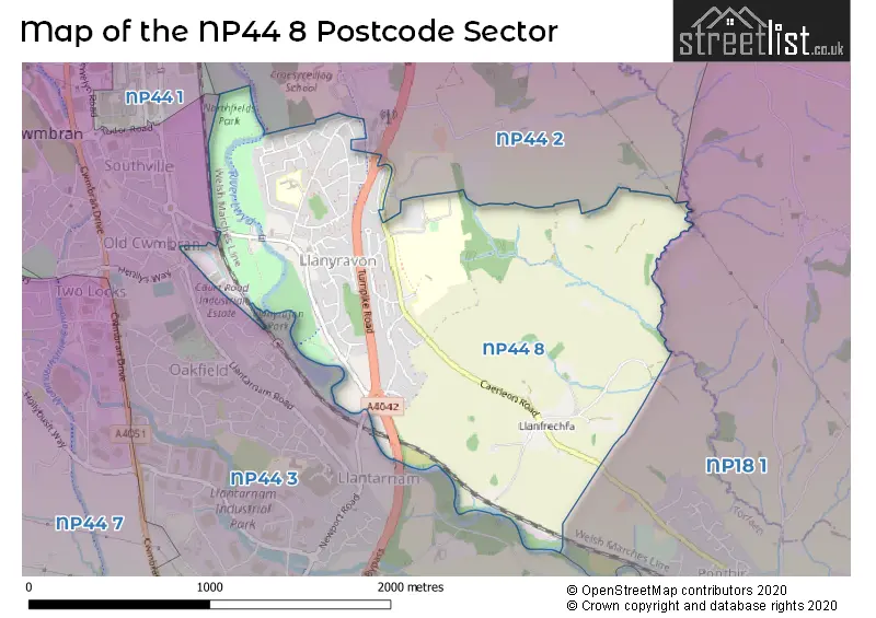 Map of the NP44 8 and surrounding postcode sector