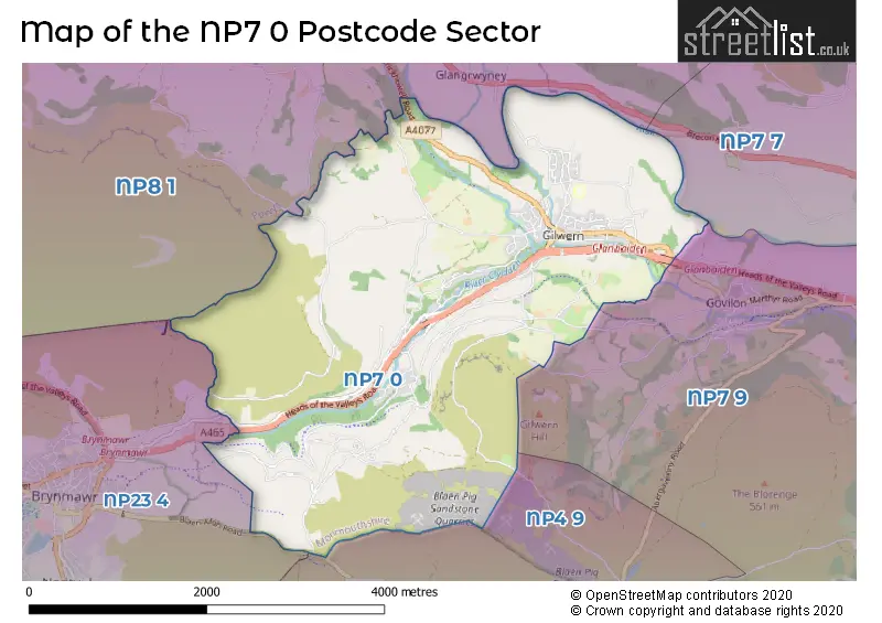 Map of the NP7 0 and surrounding postcode sector