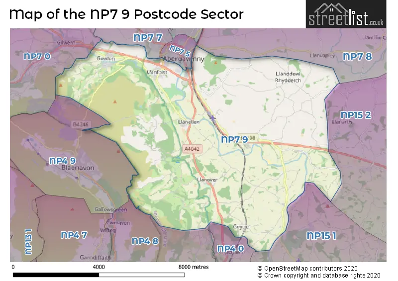 Map of the NP7 9 and surrounding postcode sector