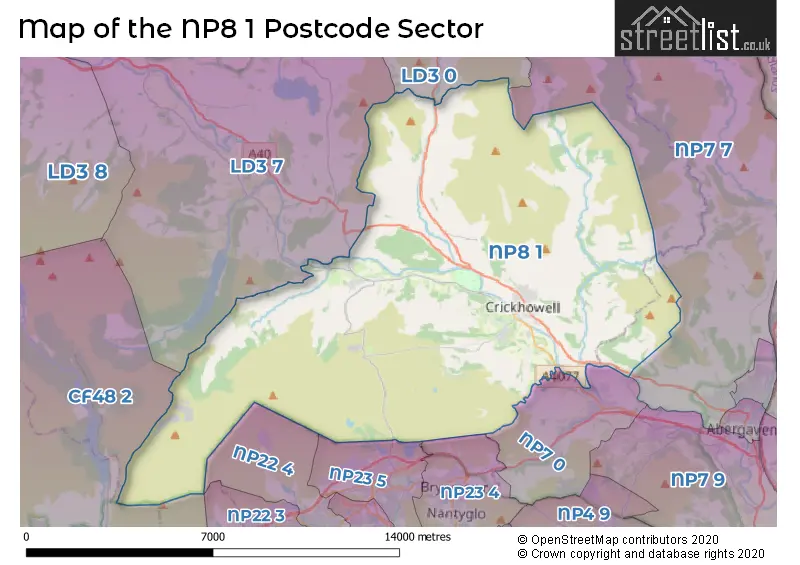 Map of the NP8 1 and surrounding postcode sector