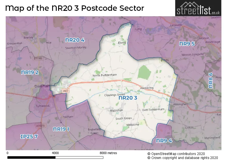 Map of the NR20 3 and surrounding postcode sector