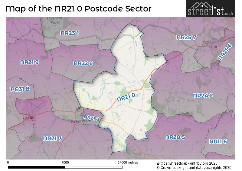 Map of the NR21 0 and surrounding postcode sector