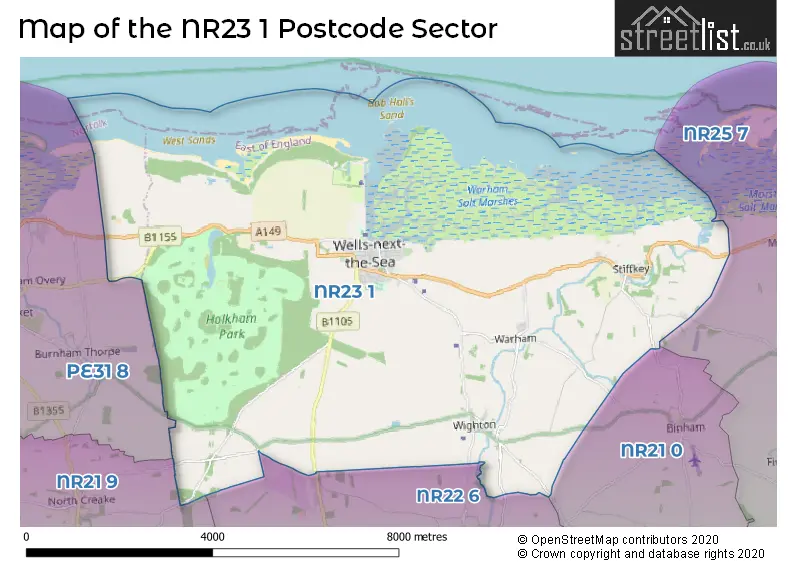 Map of the NR23 1 and surrounding postcode sector