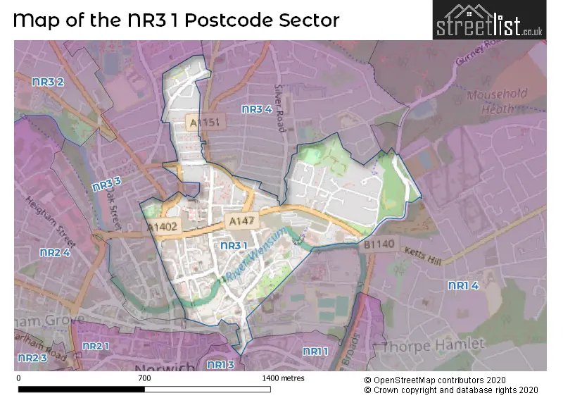 Map of the NR3 1 and surrounding postcode sector