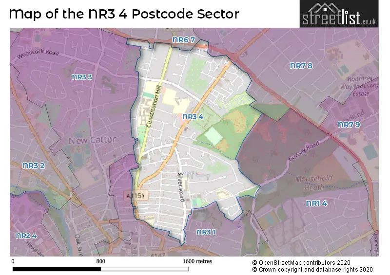 Map of the NR3 4 and surrounding postcode sector