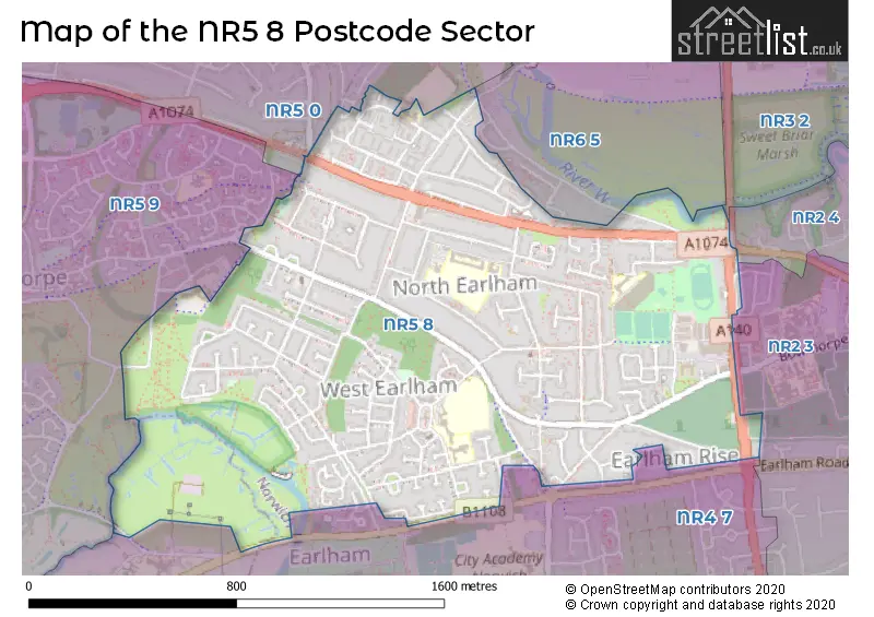 Map of the NR5 8 and surrounding postcode sector