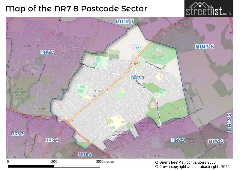 Map of the NR7 8 and surrounding postcode sector