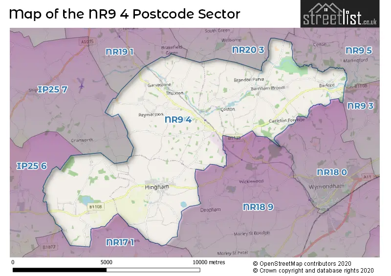 Map of the NR9 4 and surrounding postcode sector