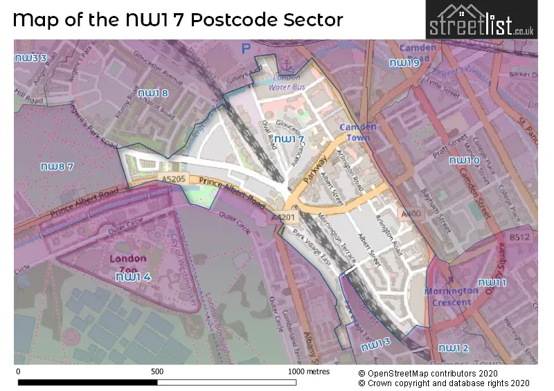 Map of the NW1 7 and surrounding postcode sector