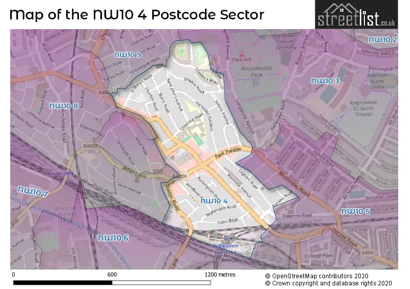 Map of the NW10 4 and surrounding postcode sector