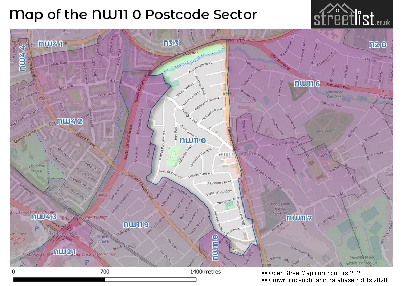 Map of the NW11 0 and surrounding postcode sector