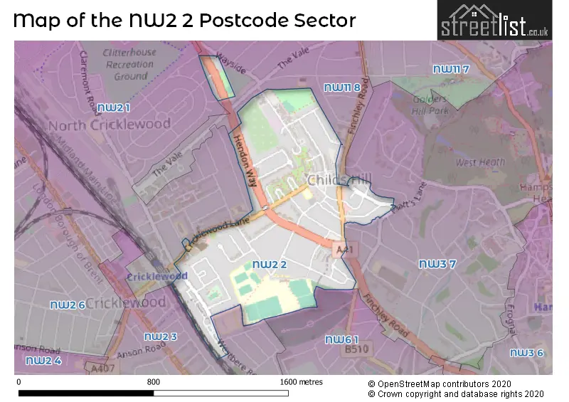 Map of the NW2 2 and surrounding postcode sector